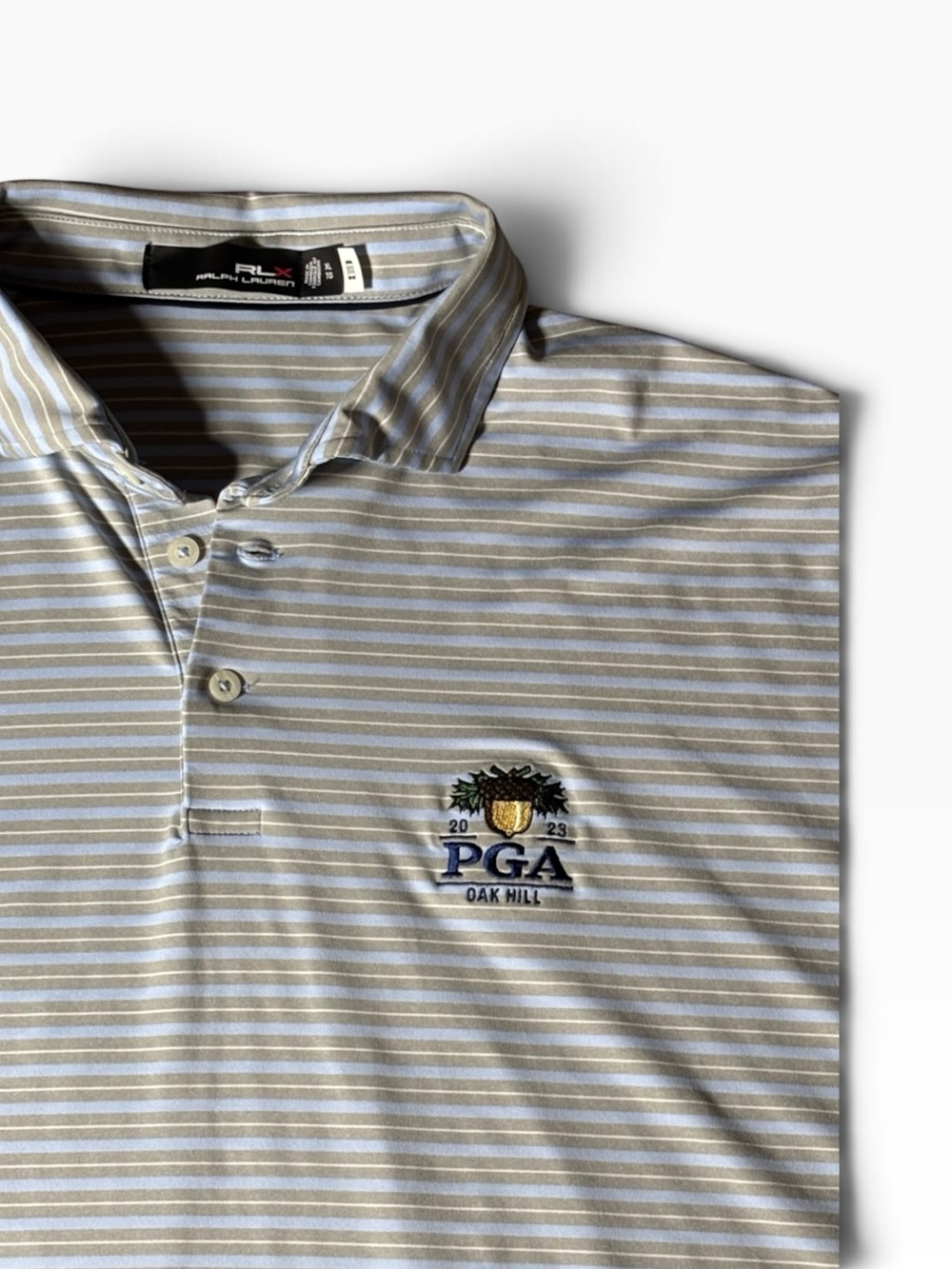 RLX Ralph Lauren Striped Polo in Light Blue, White & Tan Oak Hill PGA Logo XL
